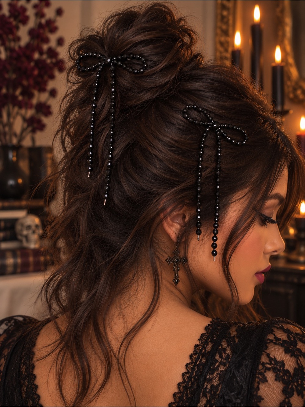Free People • Black Beaded Bow Hair Clip Set of 2